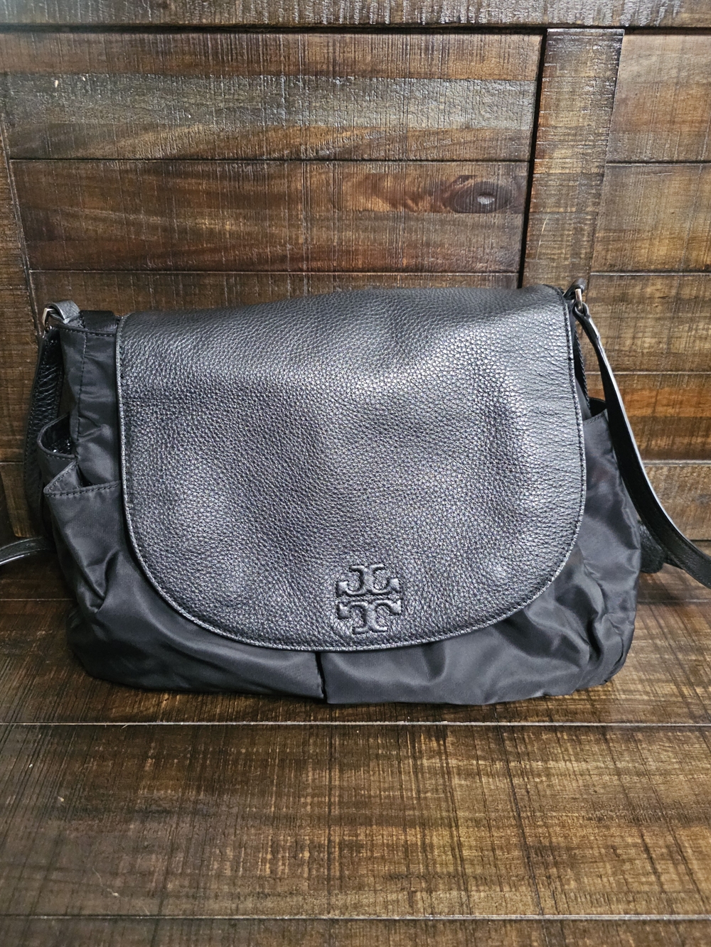 Tory Burch Thea Black Pebbled Leather & Nylon Messenger Diaper Bag